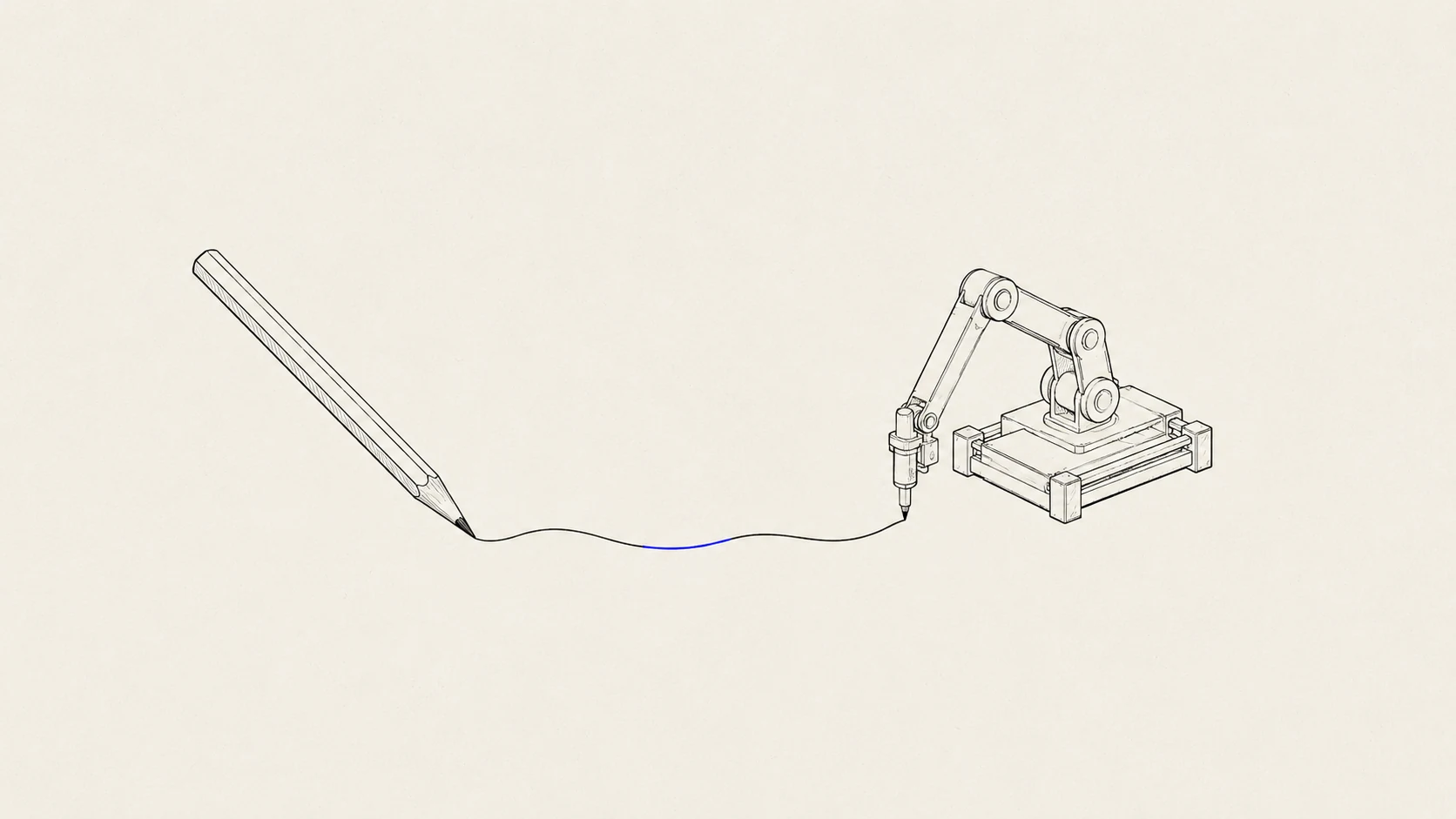 A pencil draws a line that a small ink robot arm continues; one short stretch of the line is ultramarine.