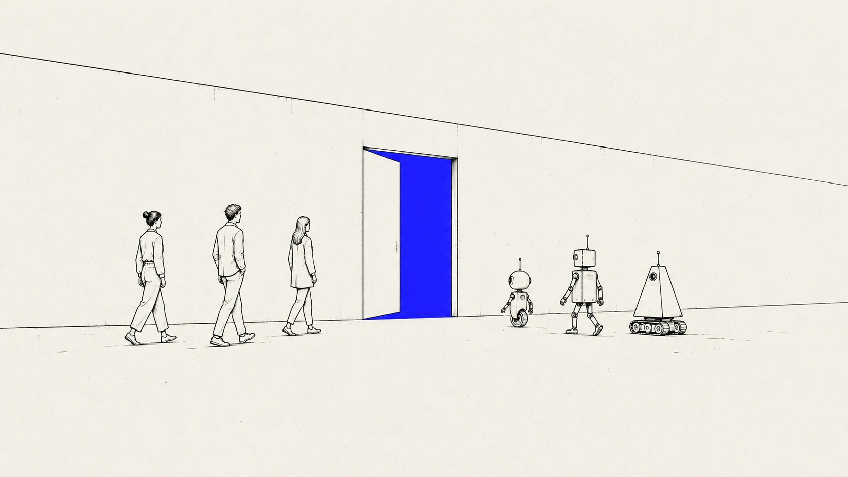 Illustration: people and machines arriving at one open blue door — the API marketplace