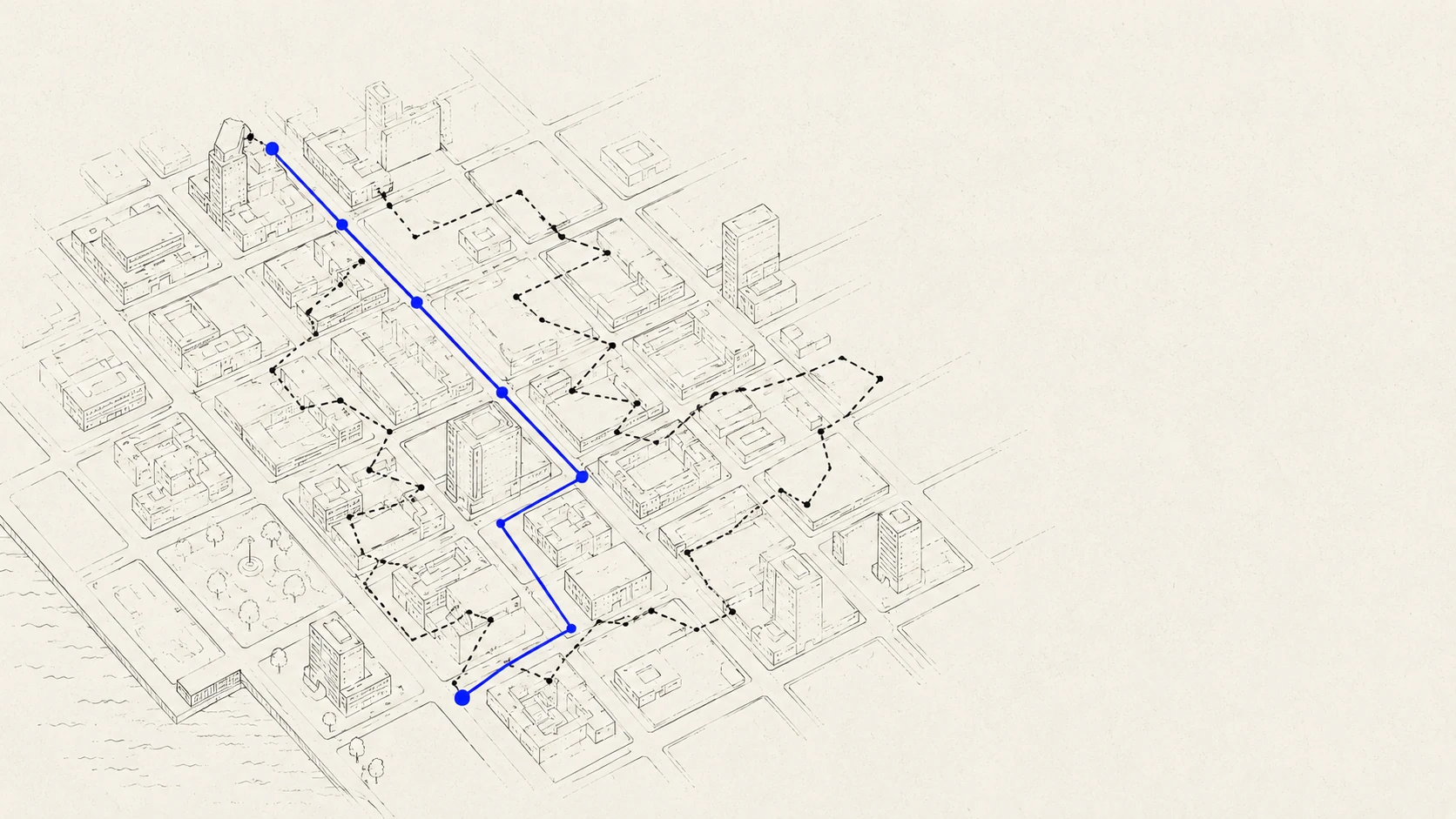 Illustration: a city grid with one blue route — Compas