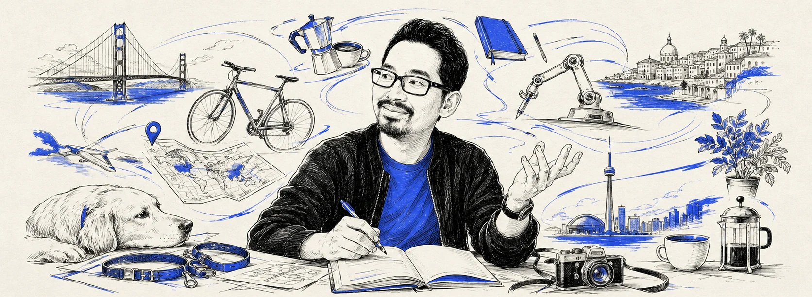 Hand-drawn ink scene: Steven sketching at a desk mid-conversation, orbited by his life - the Golden Gate and Medellín on opposite ends, a road bike, a golden retriever with a Tail & Trot collar, a robot plotter arm, moka pot, camera, and a blue notebook.