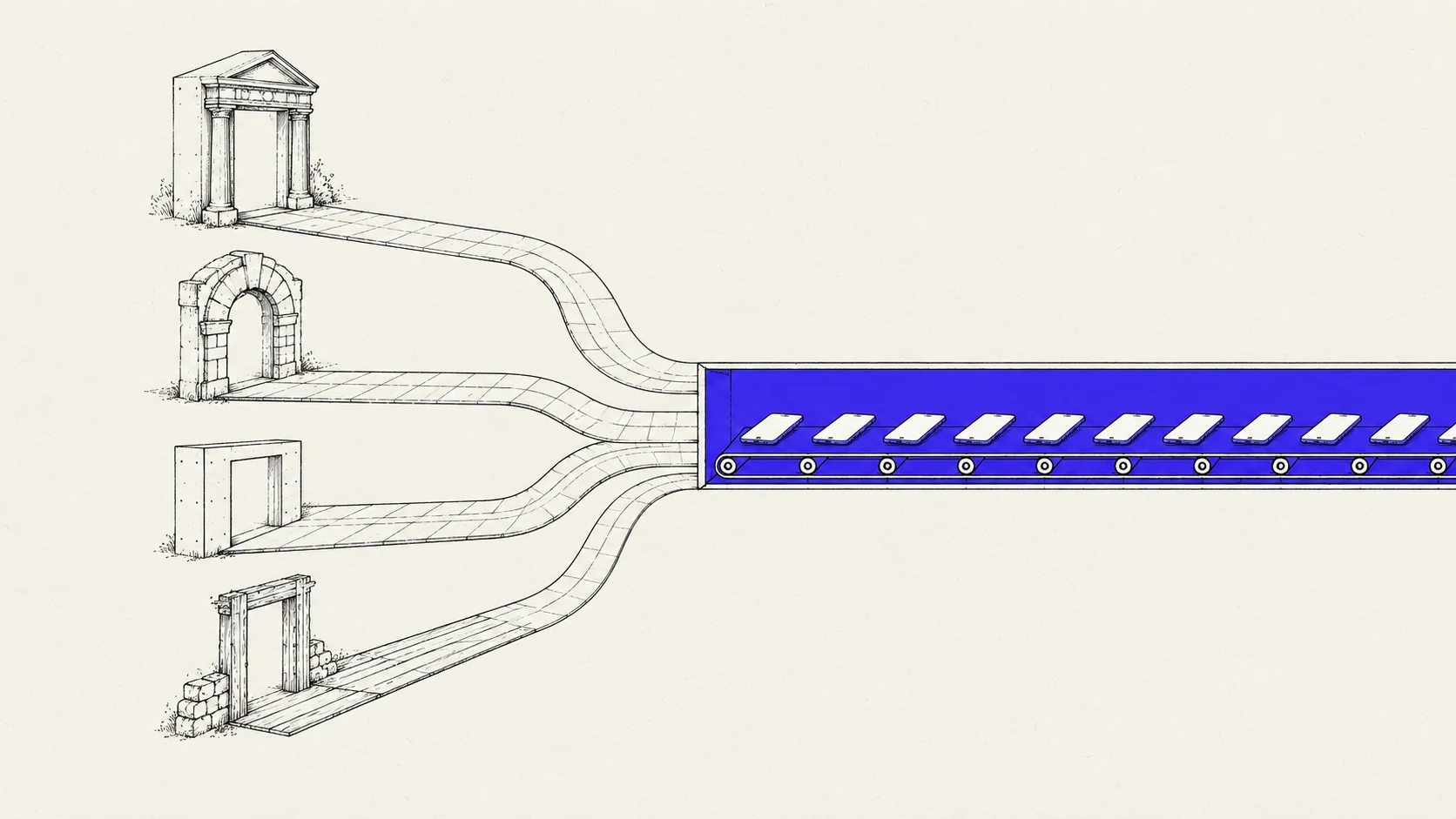 Illustration: four doorways feeding one blue conveyor — one trade-in flow