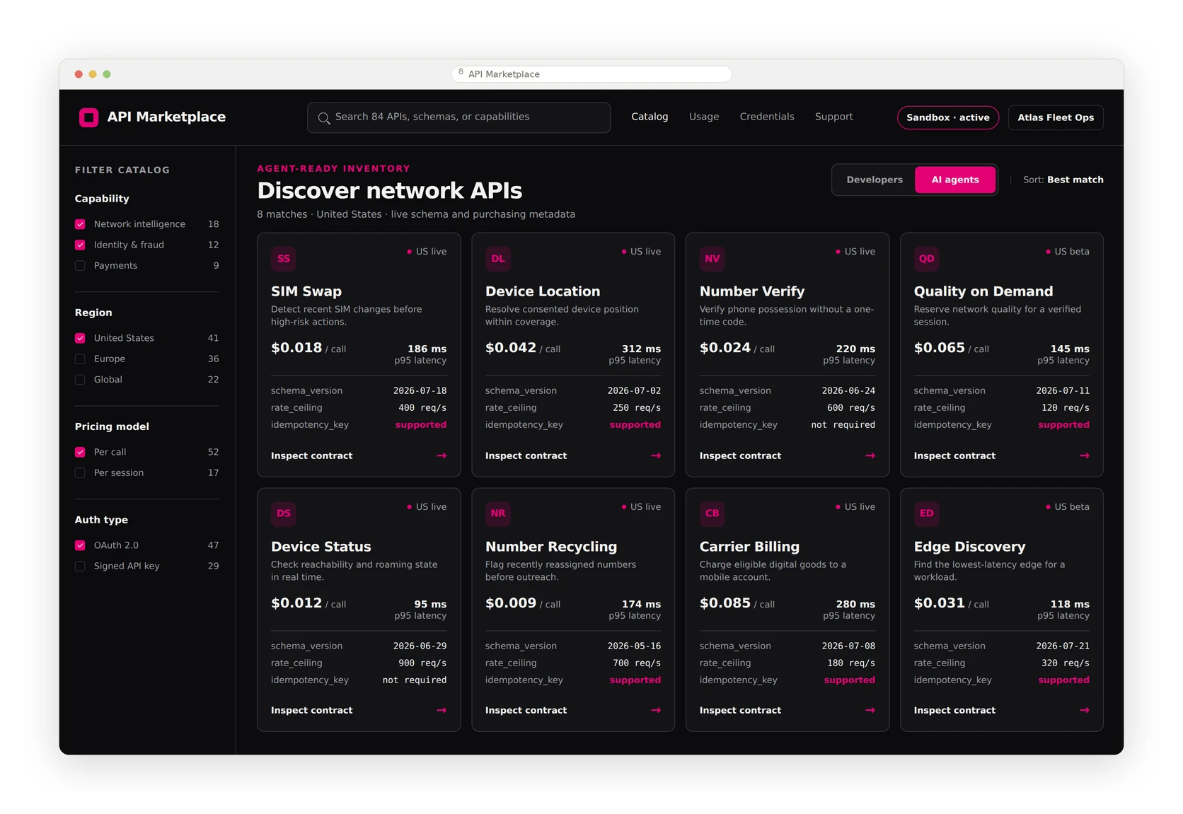 Sanitized recreation: the API catalog in agent mode. Filters on the left, eight telecom API cards with machine-readable fields, pricing and latency.