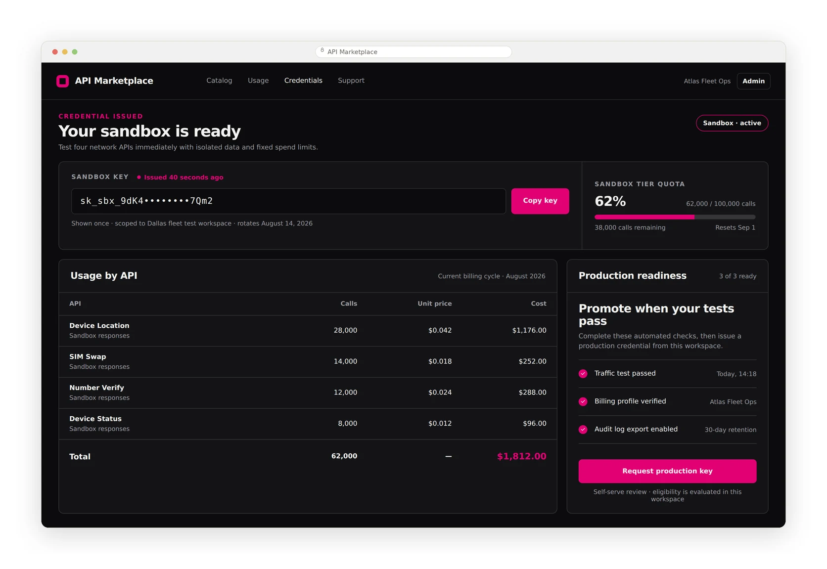 Sanitized recreation: the sandbox dashboard. A masked key, quota usage, per-API costs and a self-serve path to a production key.