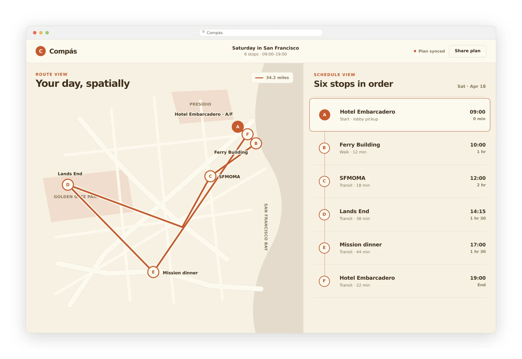 Desktop planner: the same six stops as a route on the map and as a time-ordered schedule.