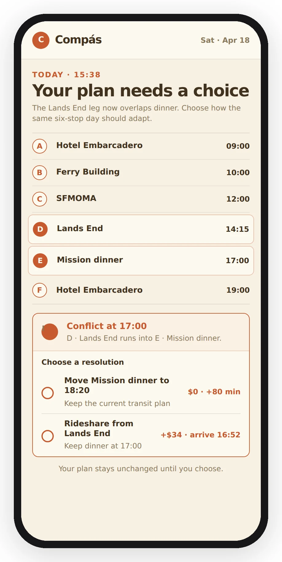 Day-of on the phone: a 17:00 conflict and two resolutions with different time and cost.