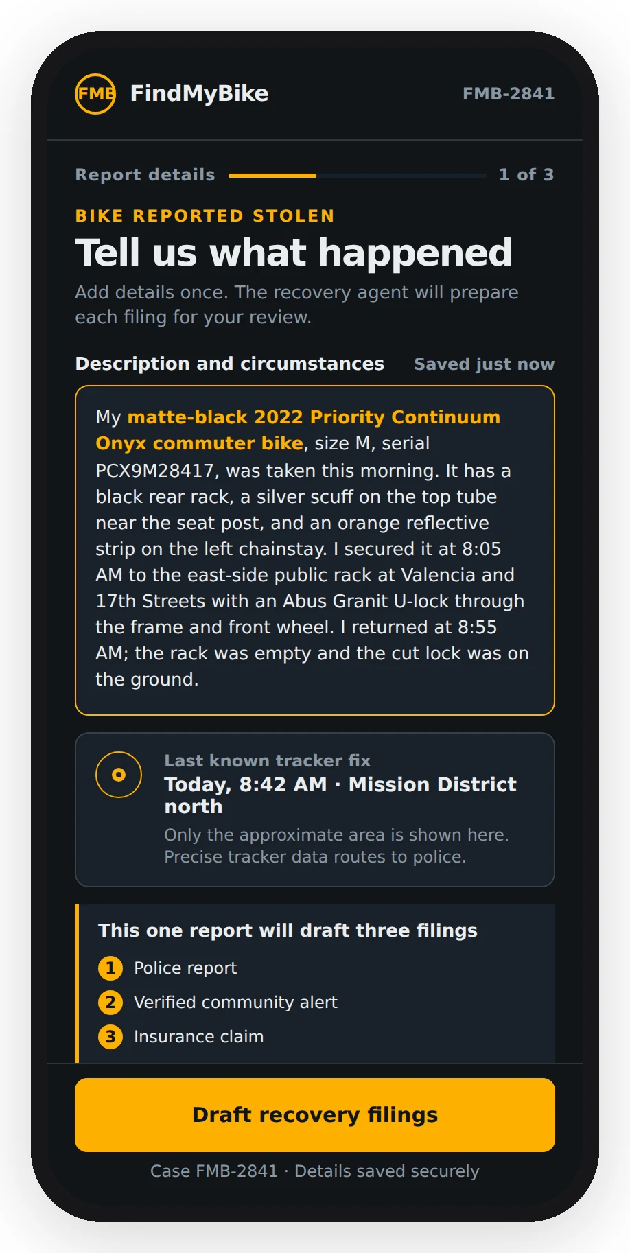 Mobile theft report. A detailed bike description, a coarse last-known area, and three filings to be drafted from one submission.