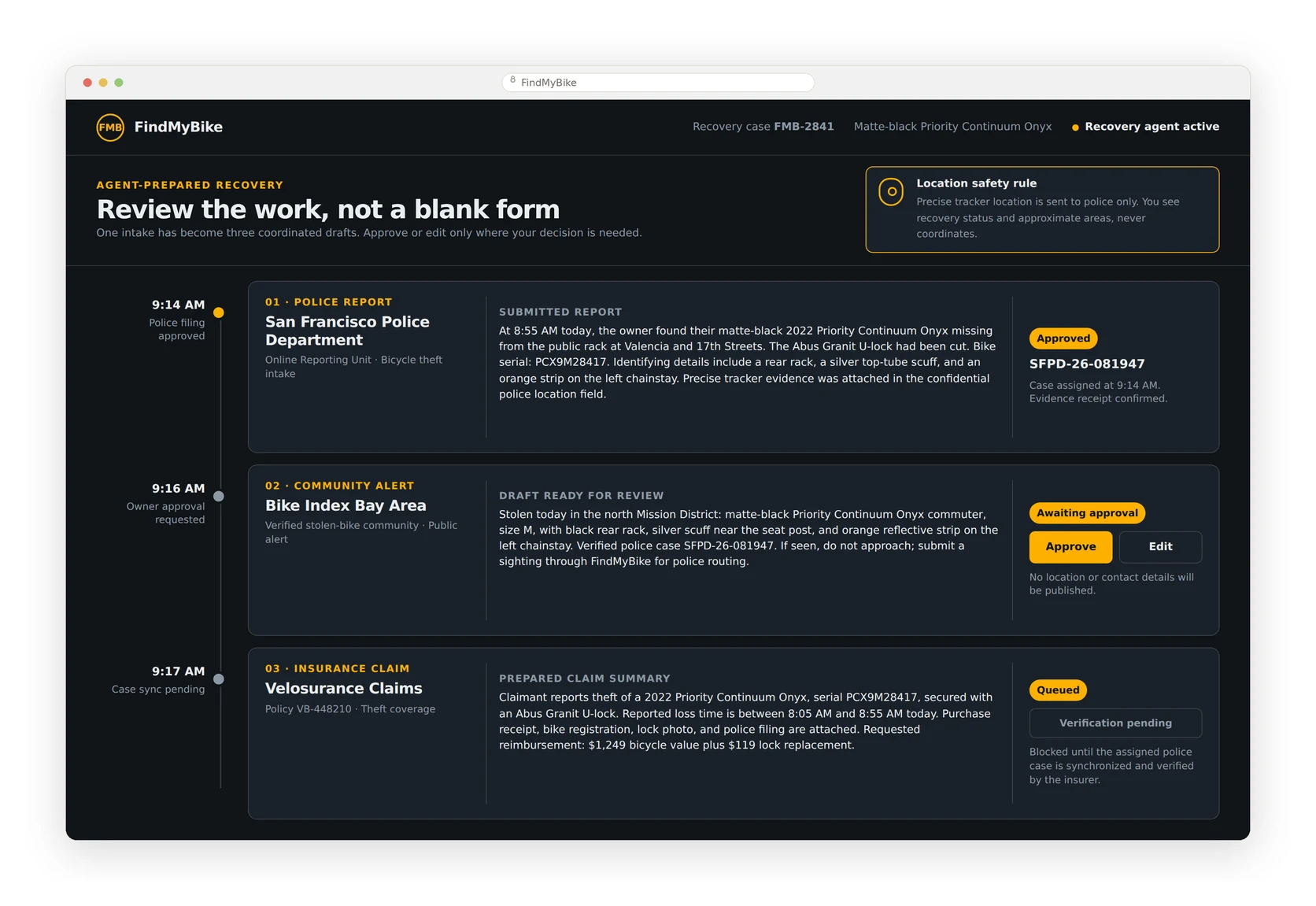 Recovery as an approval queue: police report approved, community alert awaiting approval, insurance claim blocked until the case number returns. The location-withholding rule is stated in the interface.