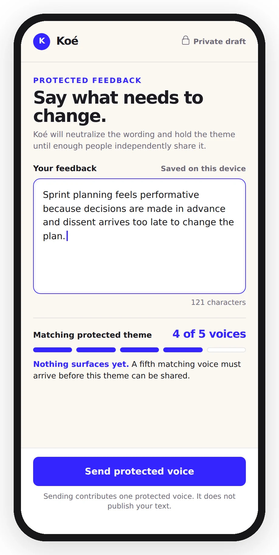 Mobile composer. Four of five protected voices are in; the screen says plainly that no theme appears before the fifth.
