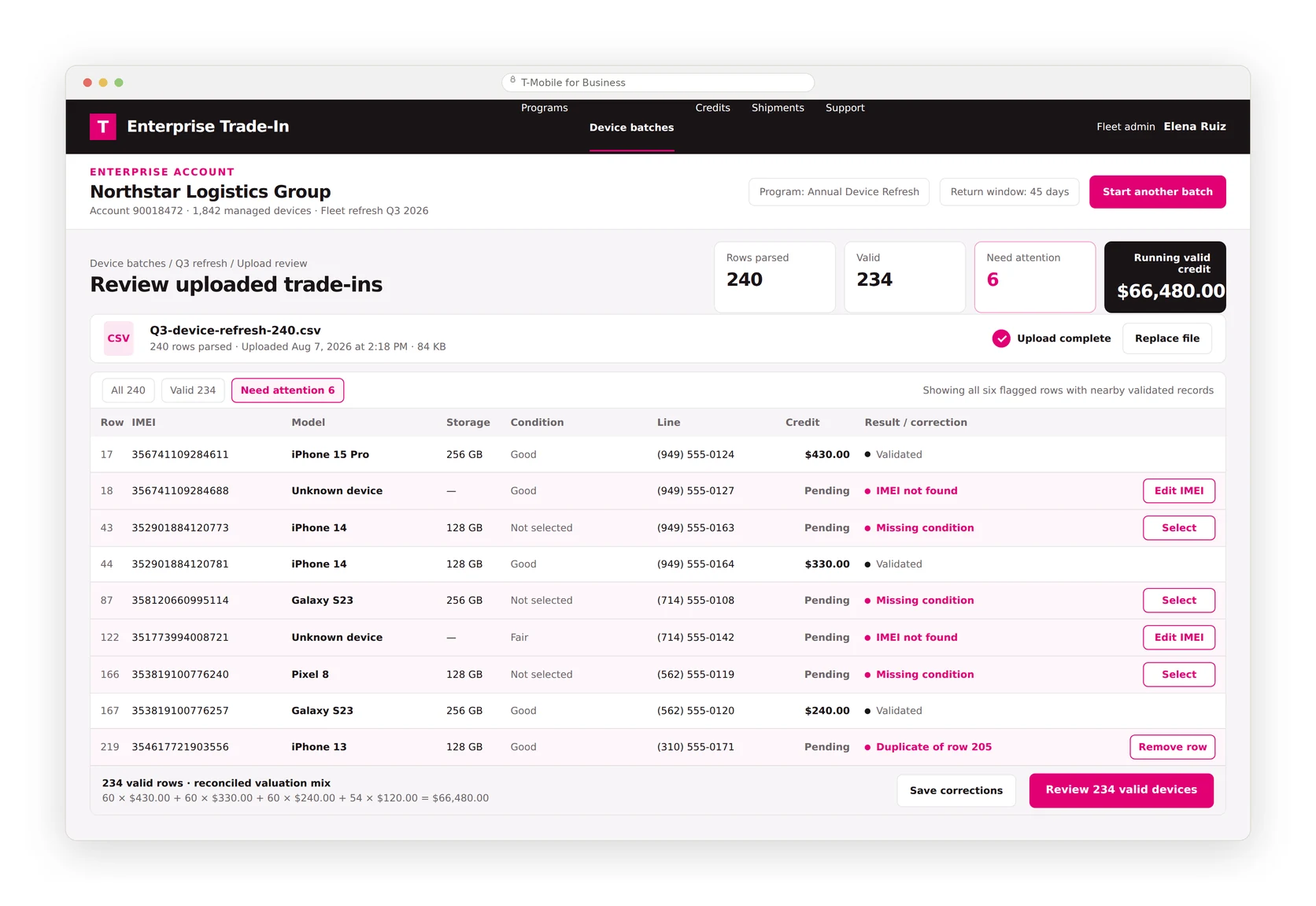 Sanitized recreation: enterprise bulk upload. 240 parsed device rows, six validation errors with inline fixes, and the credit total for the 234 valid devices.