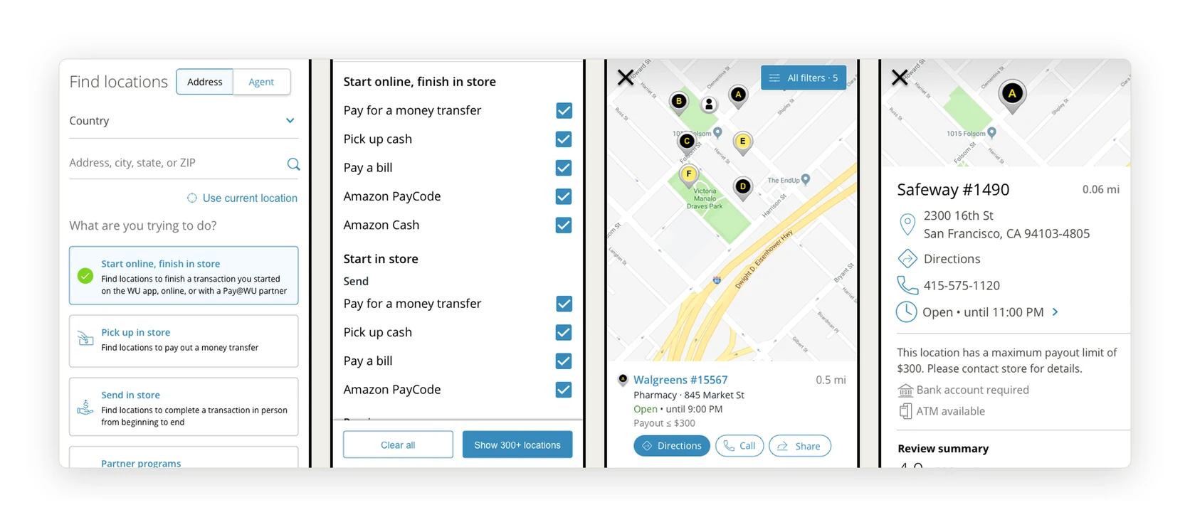 Mobile flow: find locations, filters, map results, agent detail.