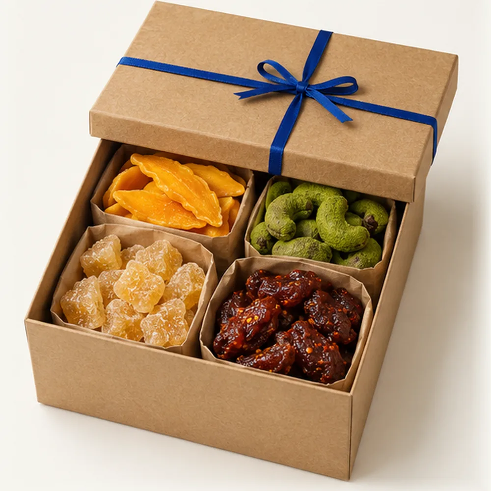 The Signature Gift Box: a kraft box with a blue ribbon, lid open, four snack bags inside.