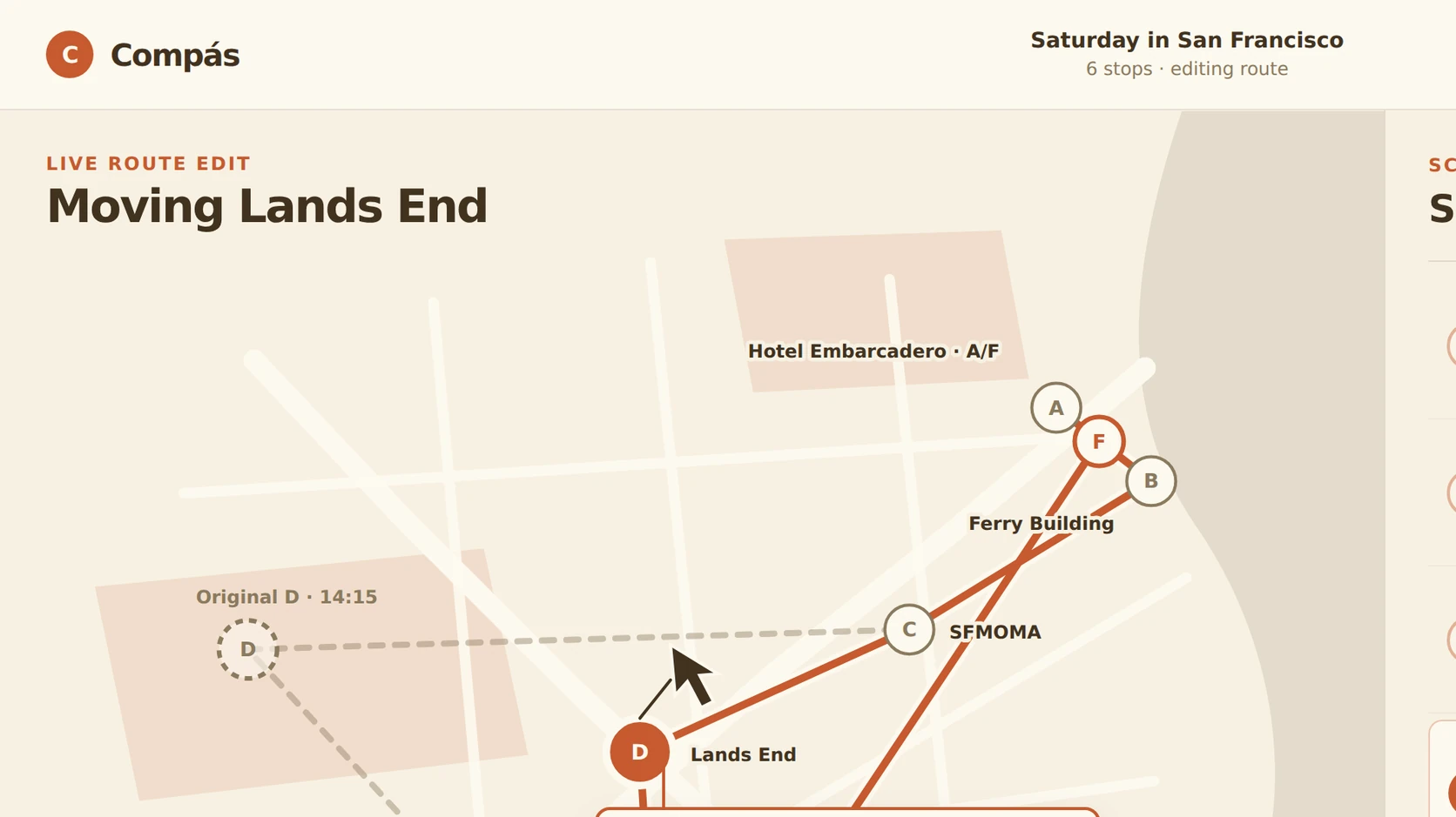 Compas mid-drag: a stop moved on the map while the schedule reflows and shows the time and cost consequence.