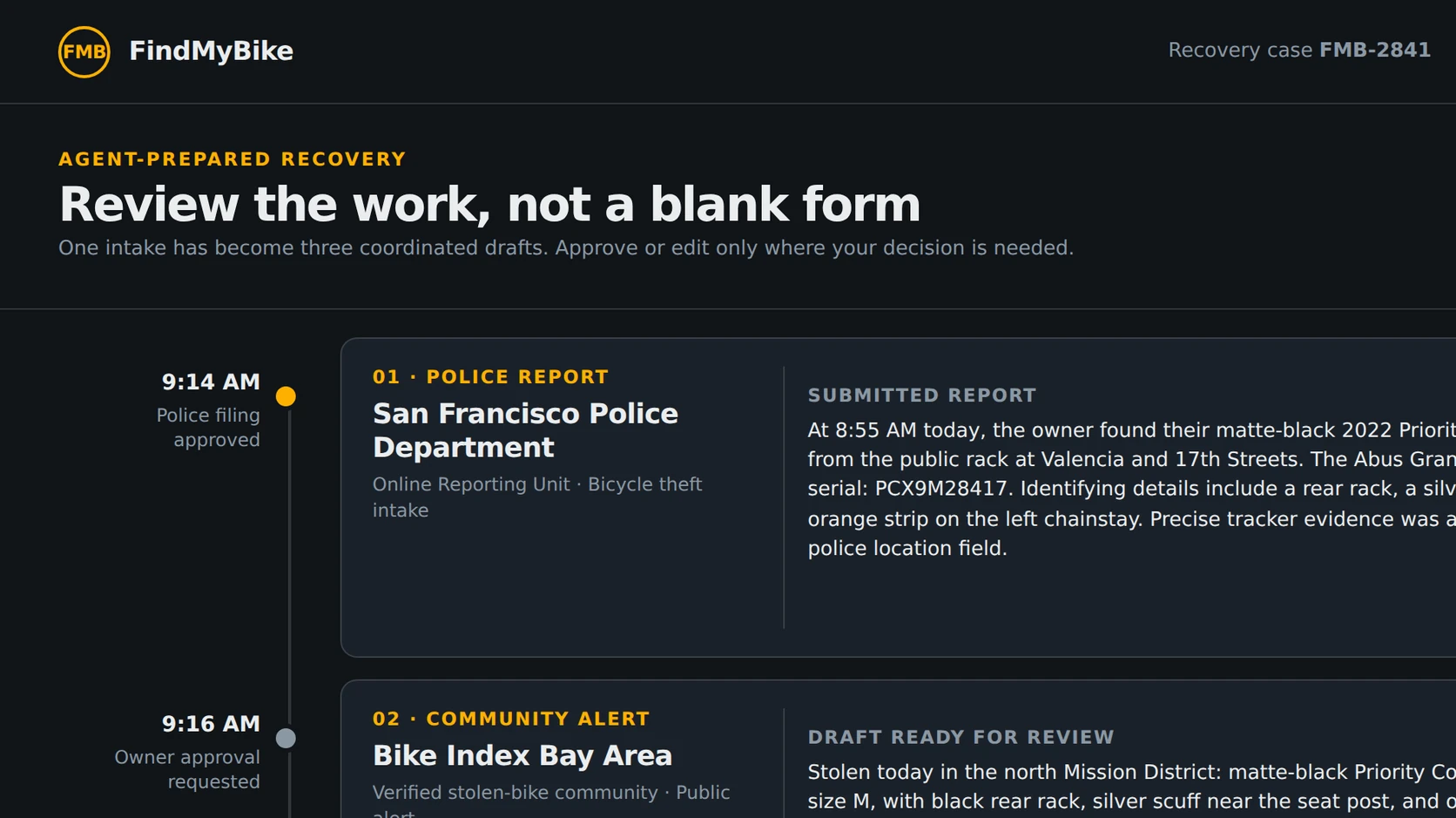 FindMyBike recovery timeline with three drafted filings awaiting the owner approval.