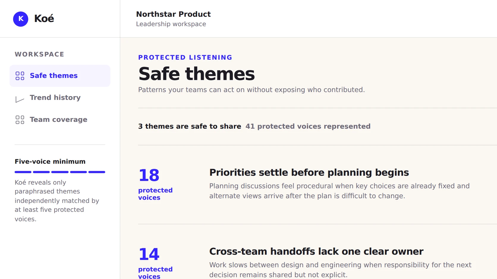 Koe leadership dashboard with three safe themes and one sealed theme that cannot be opened.