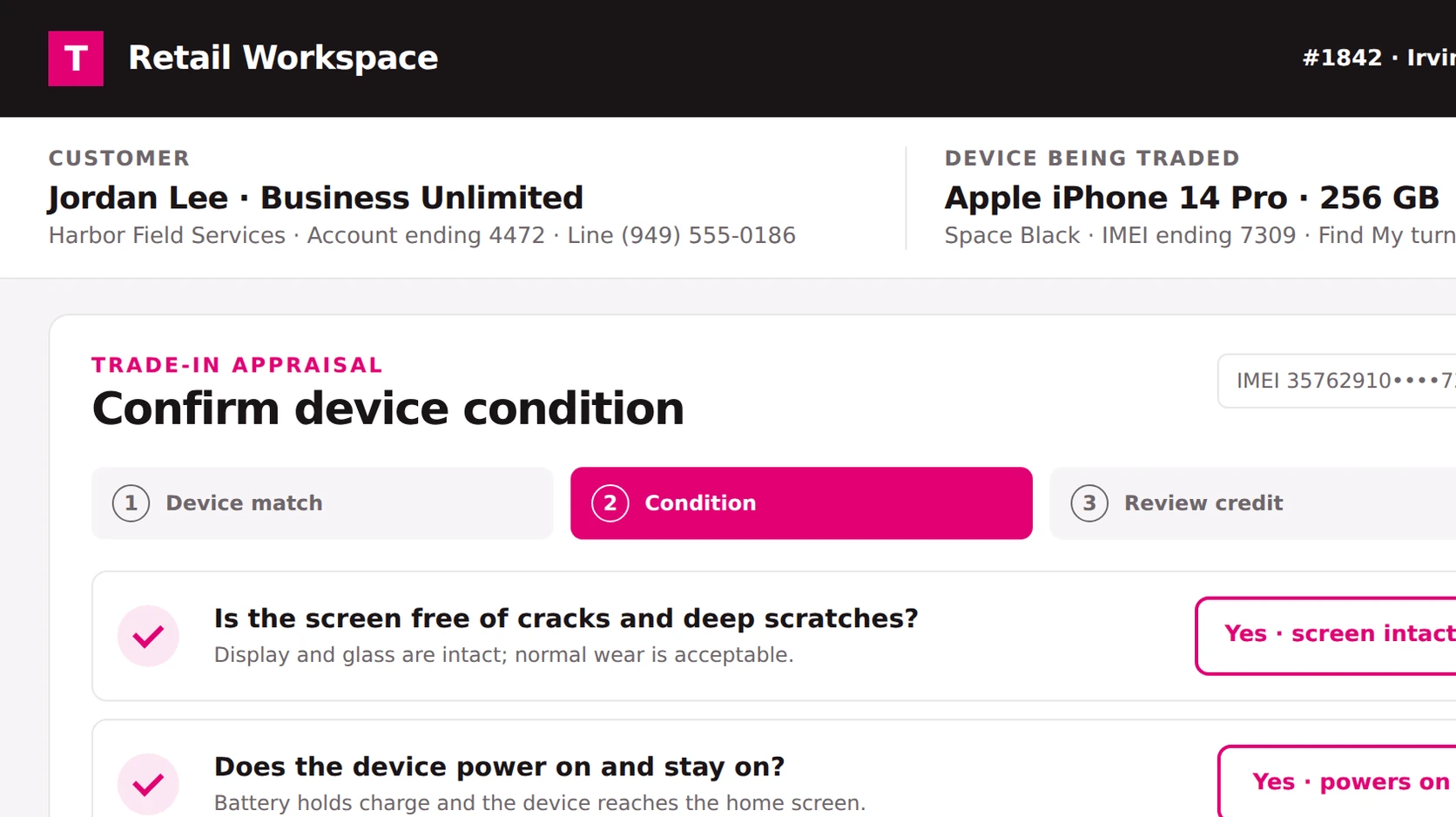 T-Mobile retail terminal showing the trade-in condition check as an in-page step with a guaranteed offer.